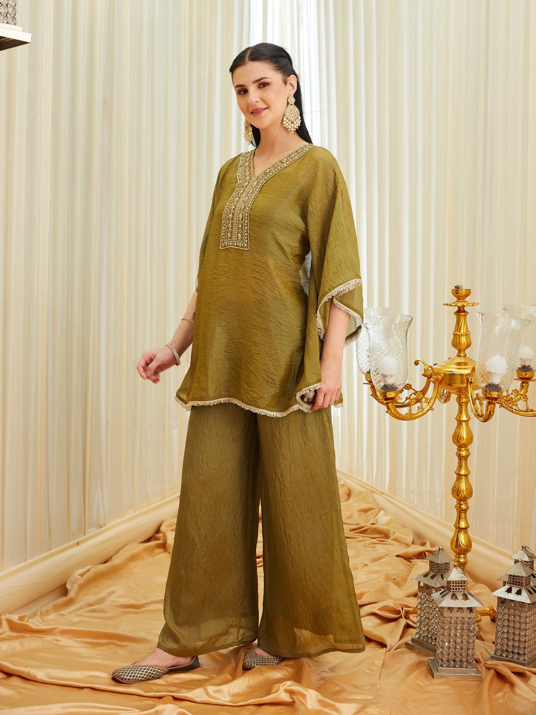 Green Brown Silk Embroidered Kaftan Palazzo Set for Women