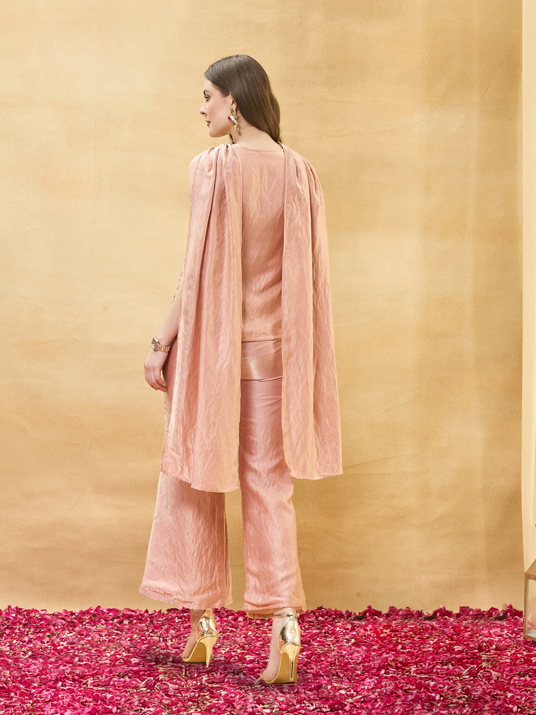 Pink Silk Embroidered Top with Flared Pants & Dupatta Set
