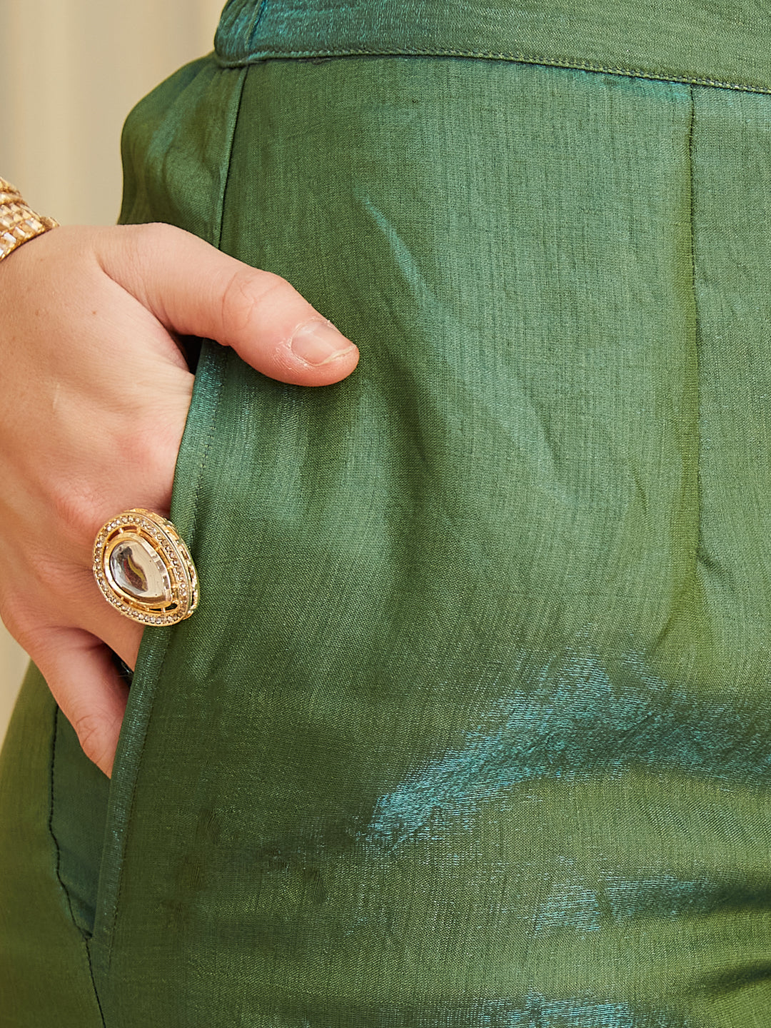 Green Silk Indo-Western Embroidered Top with Pants & Dupatta Set