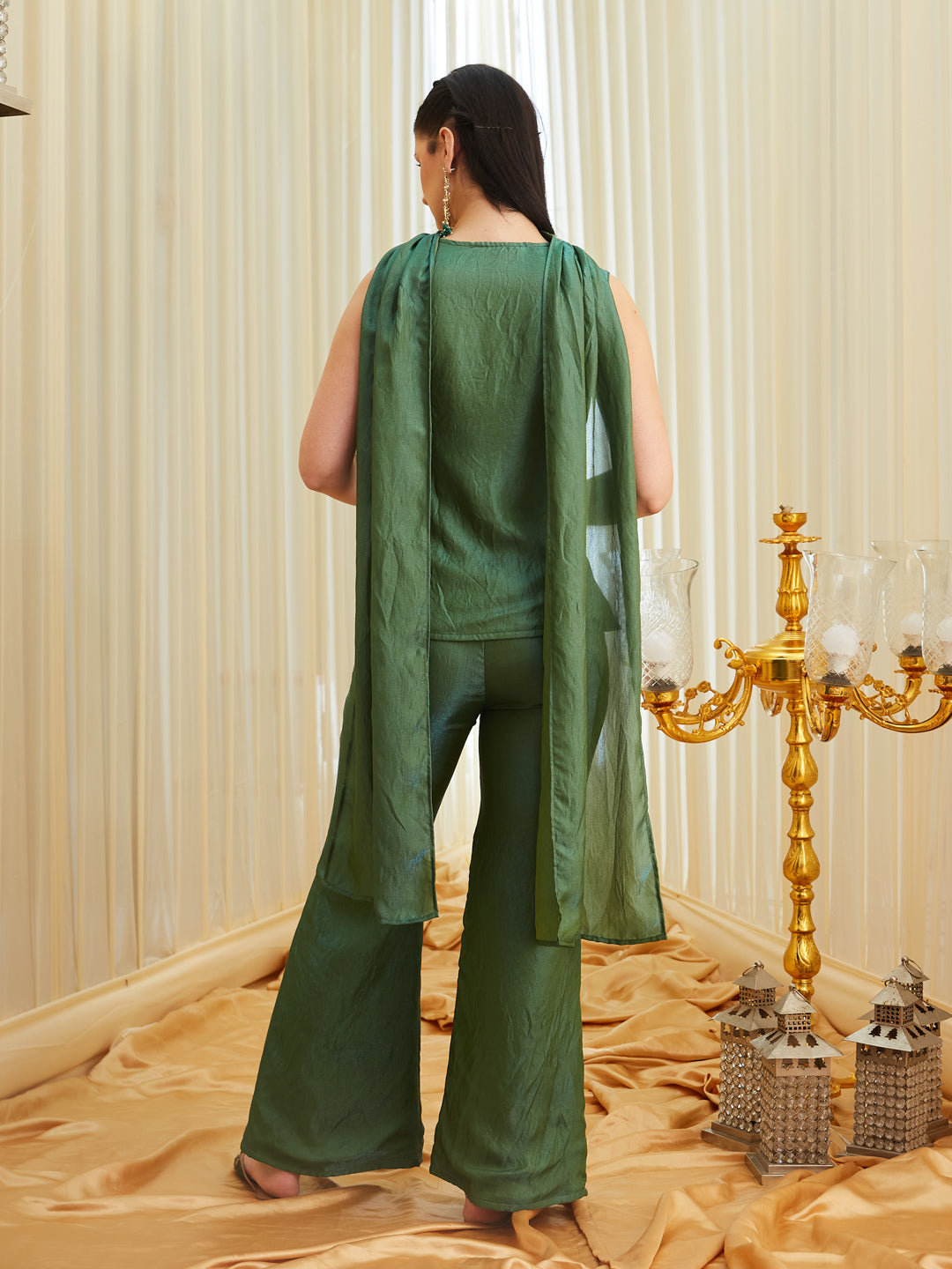 Green Silk Indo-Western Embroidered Top with Pants & Dupatta Set