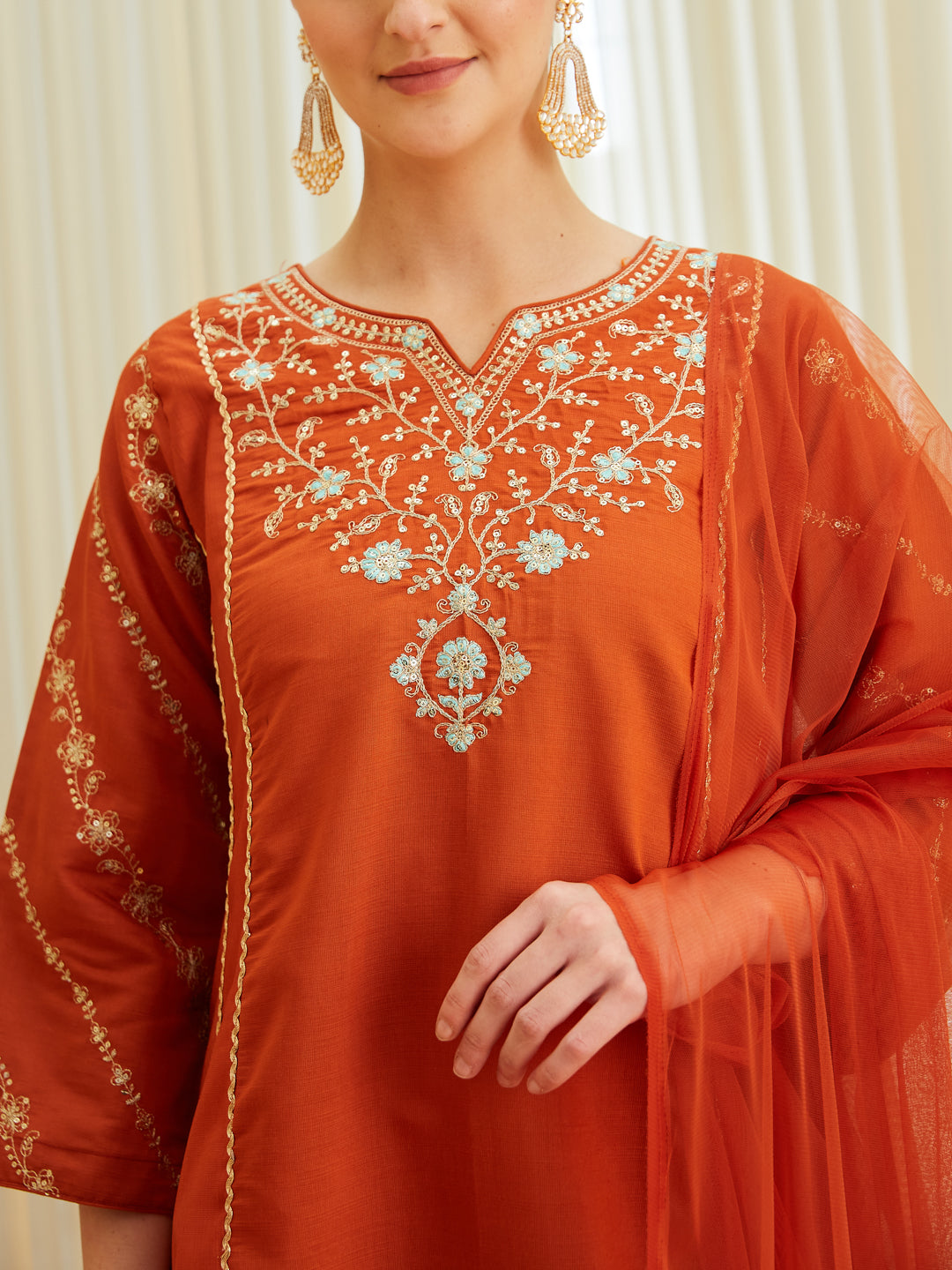 Orange Silk Embroidered Anarkali Kurta Set with Dupatta for Women