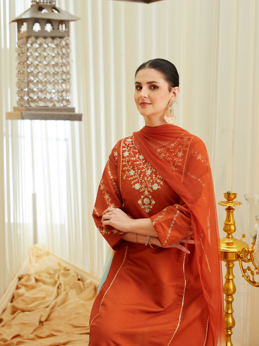 Orange Silk Embroidered Anarkali Kurta Set with Dupatta for Women