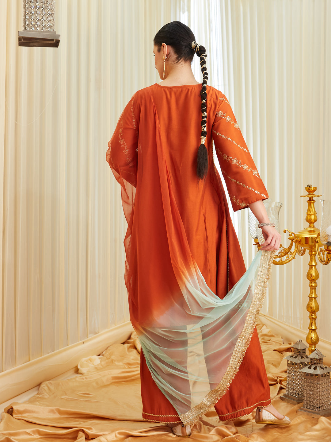 Orange Silk Embroidered Anarkali Kurta Set with Dupatta for Women