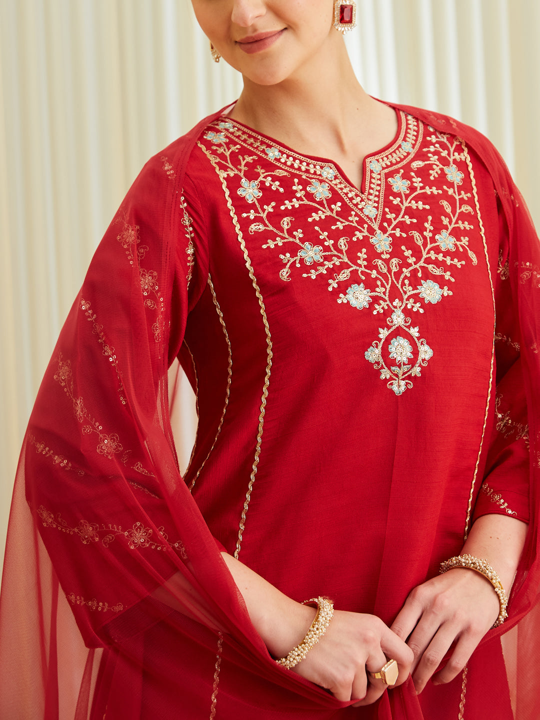 Red Silk Embroidered Anarkali Kurta Set with Dupatta for Women