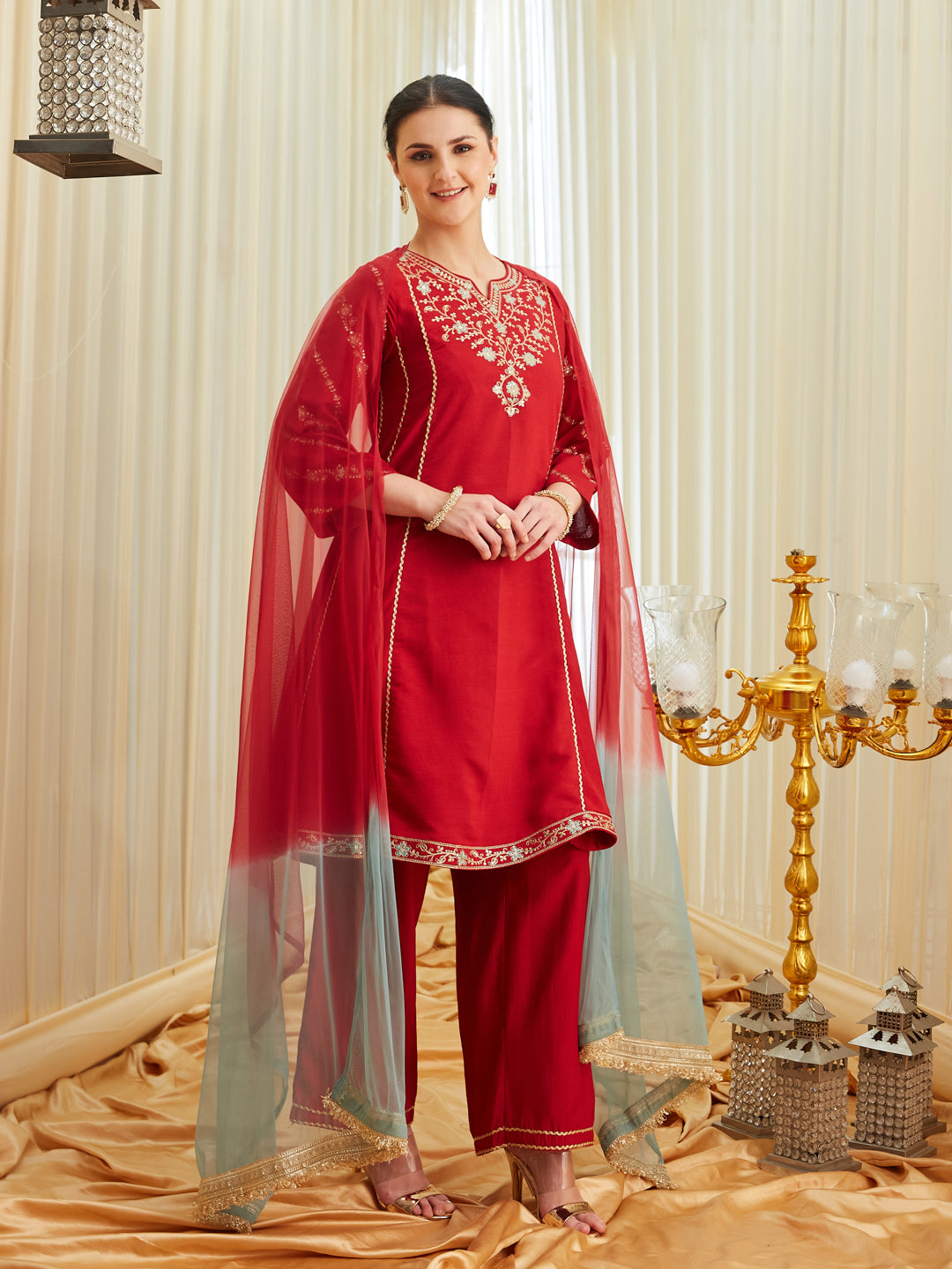 Red Silk Embroidered Anarkali Kurta Set with Dupatta for Women