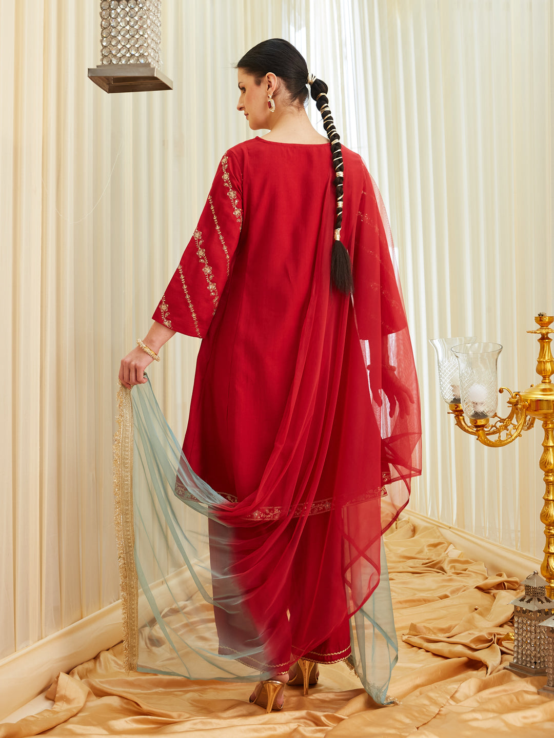 Red Silk Embroidered Anarkali Kurta Set with Dupatta for Women