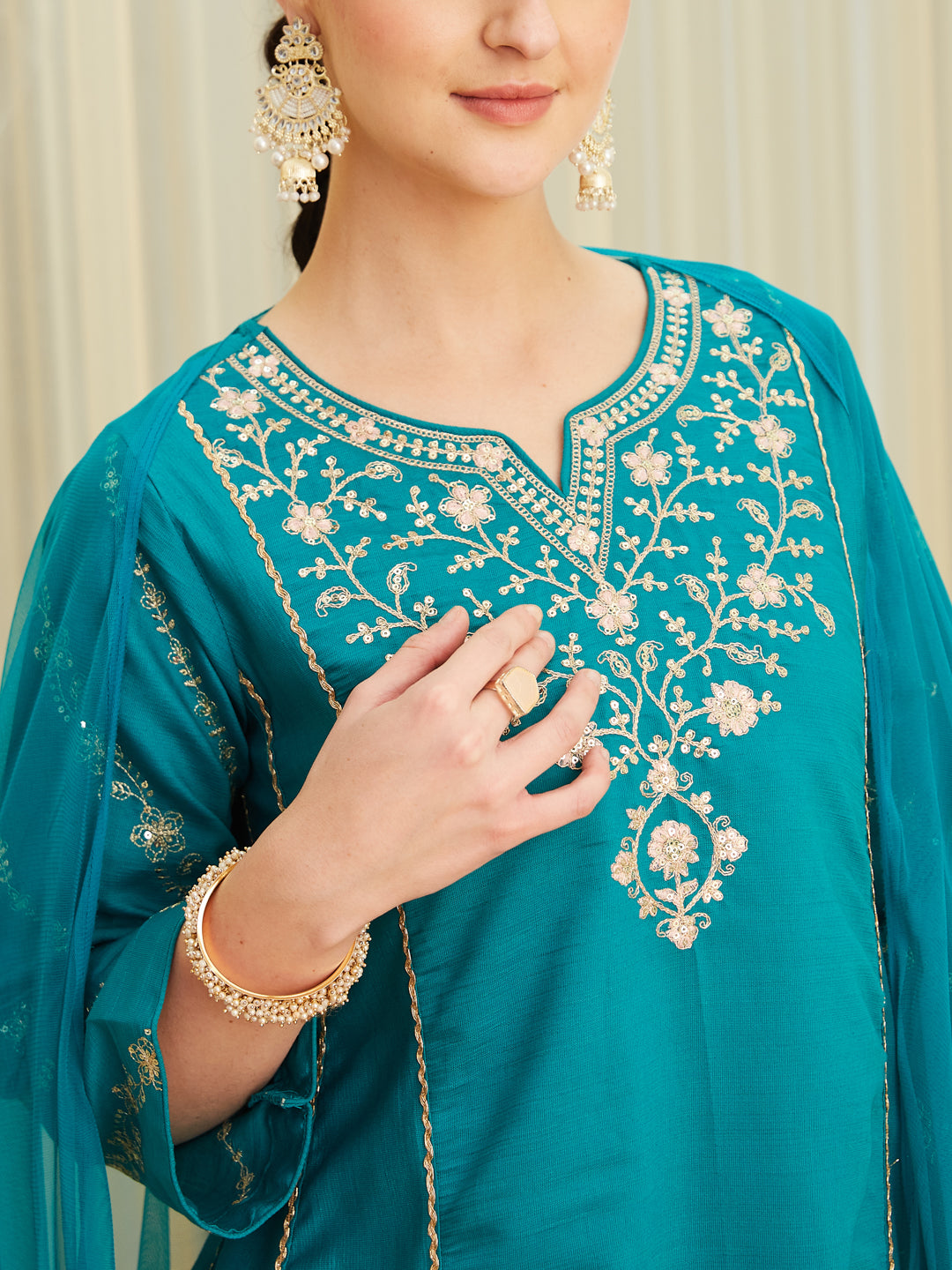 Rama Silk Embroidered Anarkali Kurta Set with Dupatta for Women