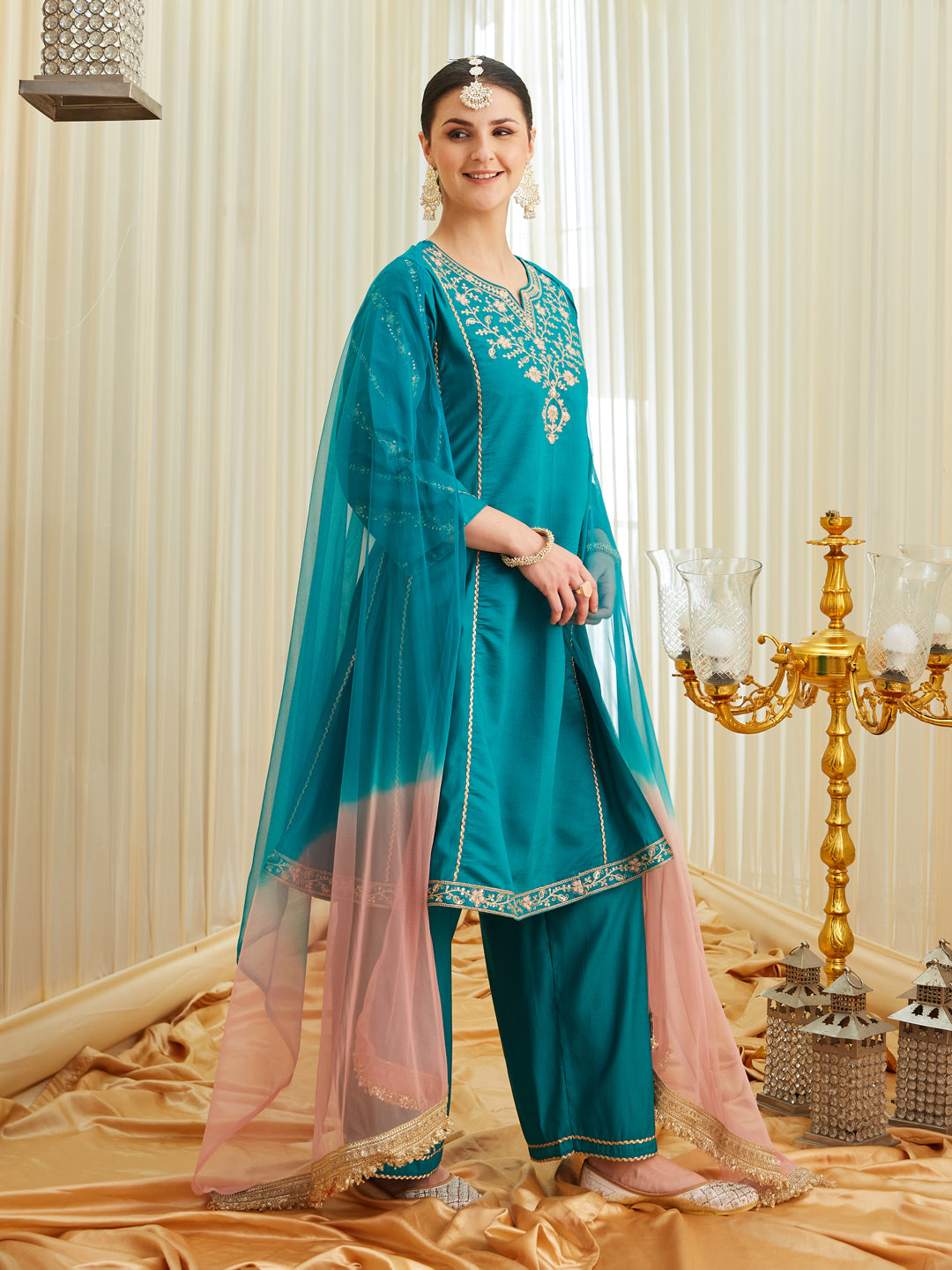 Rama Silk Embroidered Anarkali Kurta Set with Dupatta for Women