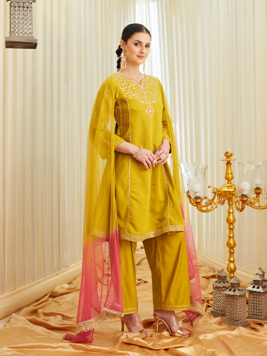 Mustard Silk Embroidered Anarkali Kurta Set with Dupatta for Women