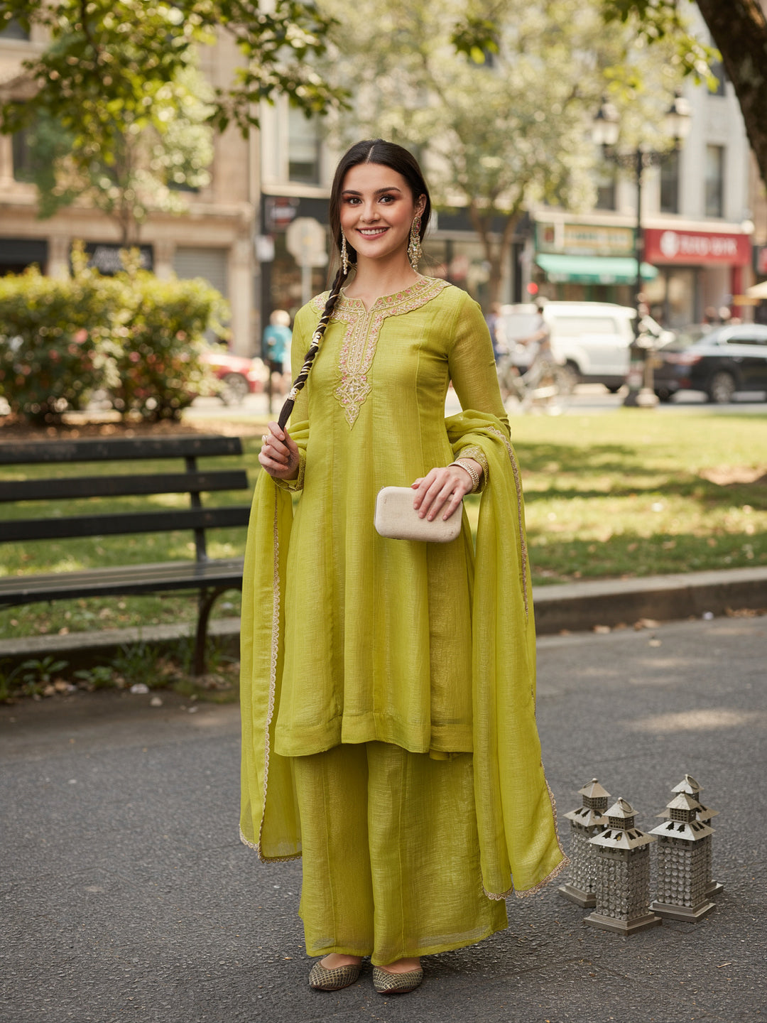 Neon Silk Embroidered Anarkali Kurta Set with Dupatta for Women