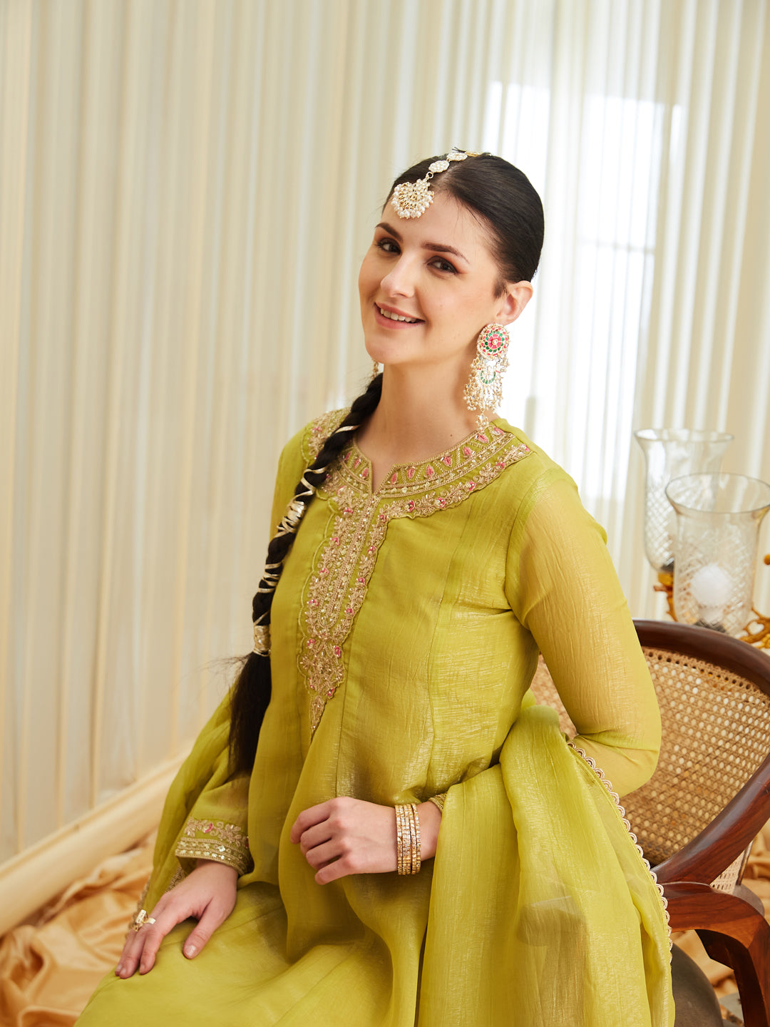 Neon Silk Embroidered Anarkali Kurta Set with Dupatta for Women