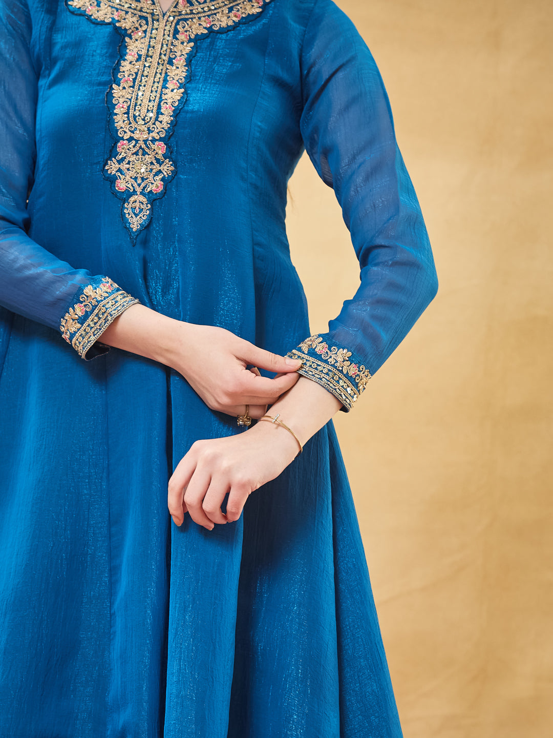 Blue Silk Embroidered Anarkali Kurta Set with Dupatta for Women