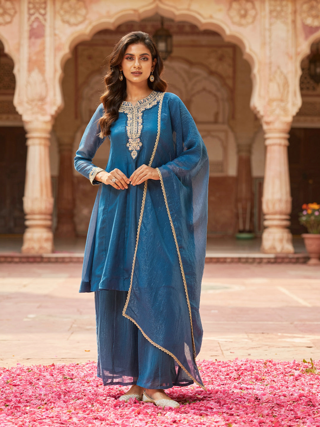 Blue Silk Embroidered Anarkali Kurta Set with Dupatta for Women