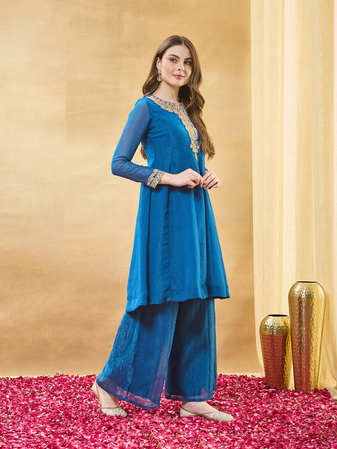 Blue Silk Embroidered Anarkali Kurta Set with Dupatta for Women