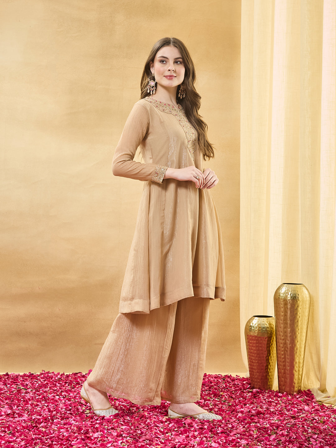 Beige Silk Embroidered Anarkali Kurta Set with Dupatta for Women