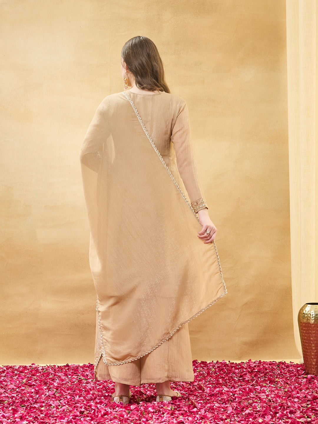 Beige Silk Embroidered Anarkali Kurta Set with Dupatta for Women