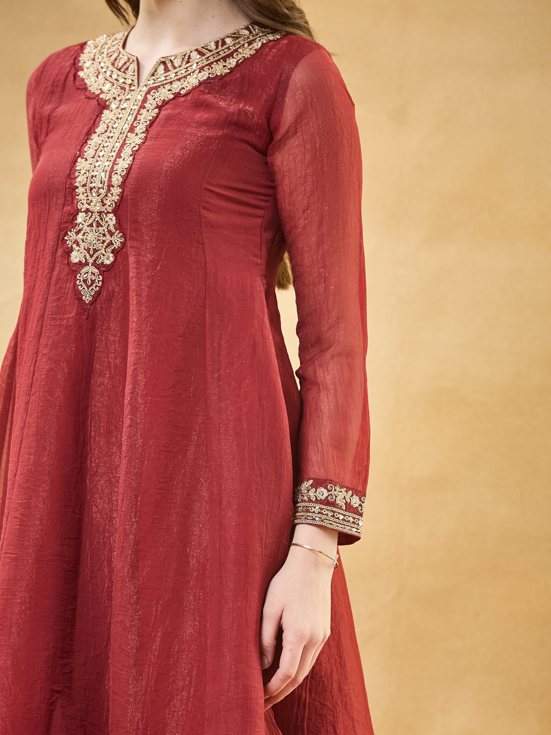 Red Silk Embroidered Anarkali Kurta Set with Dupatta for Women