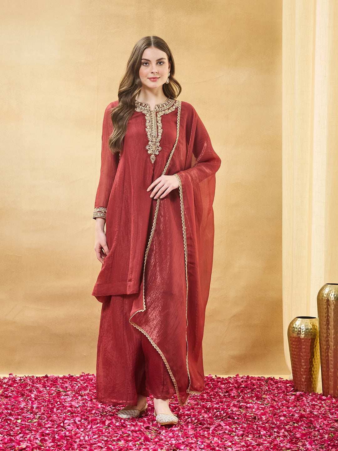 Red Silk Embroidered Anarkali Kurta Set with Dupatta for Women