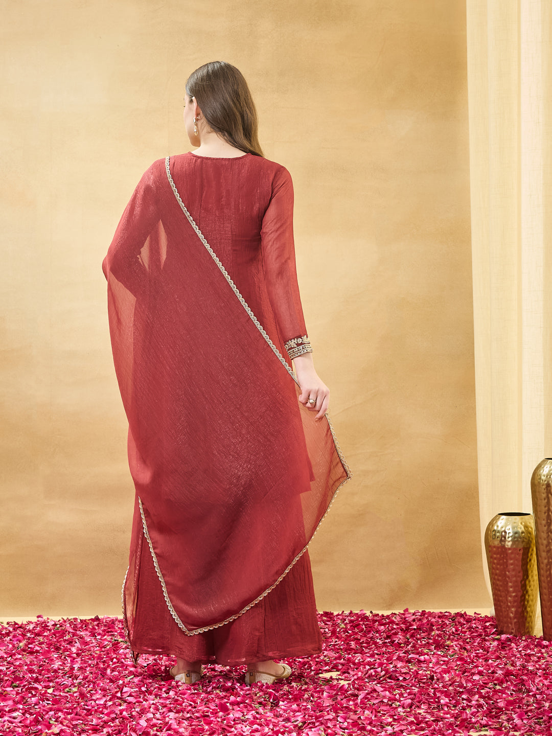 Red Silk Embroidered Anarkali Kurta Set with Dupatta for Women