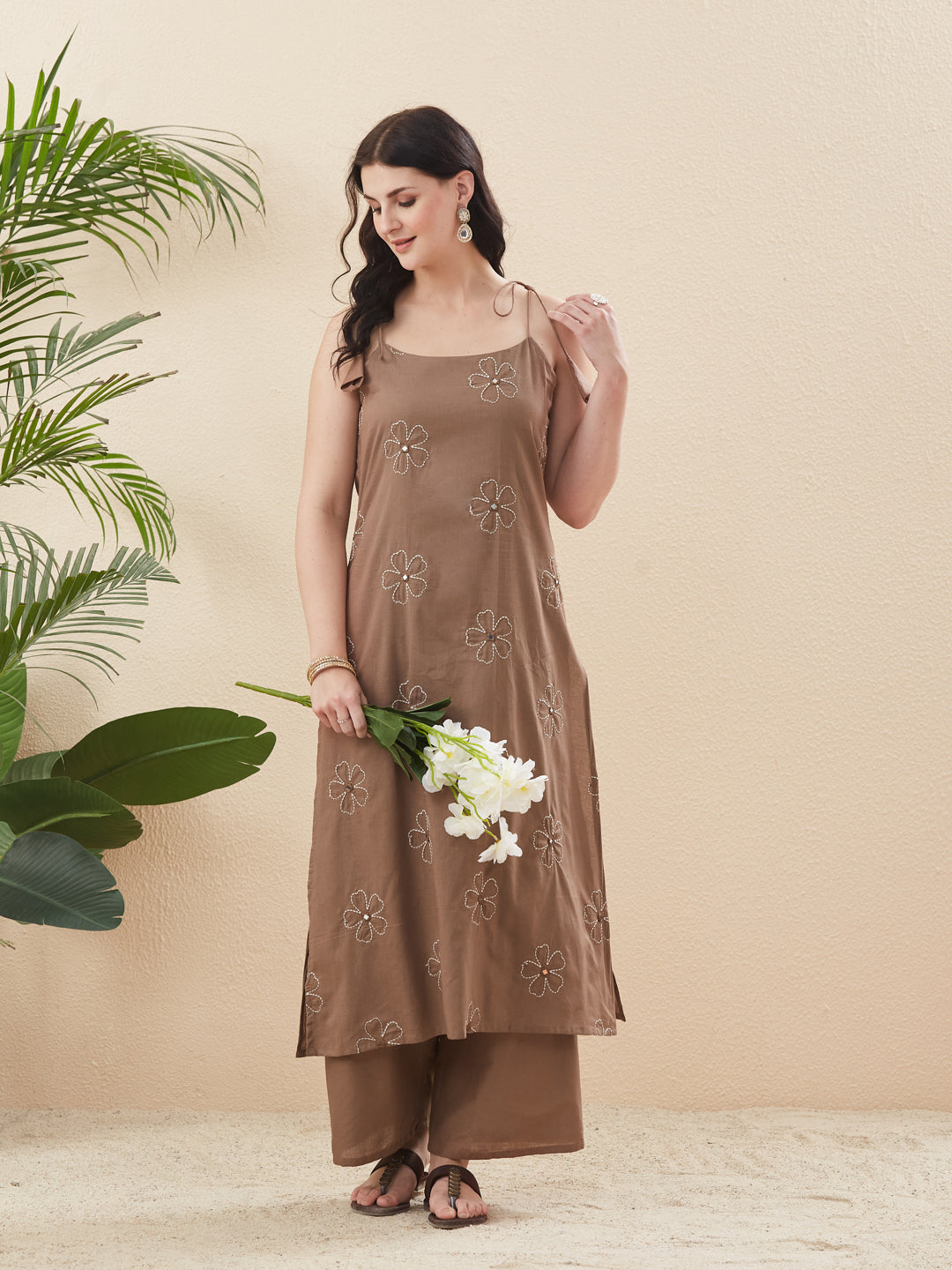 Beige Cotton Embroidered Kurta with Palazzo Set for Women