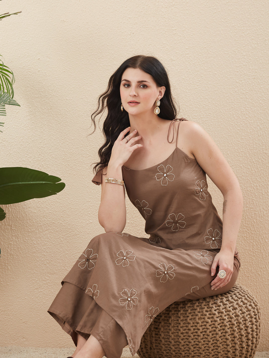 Beige Cotton Embroidered Kurta with Palazzo Set for Women