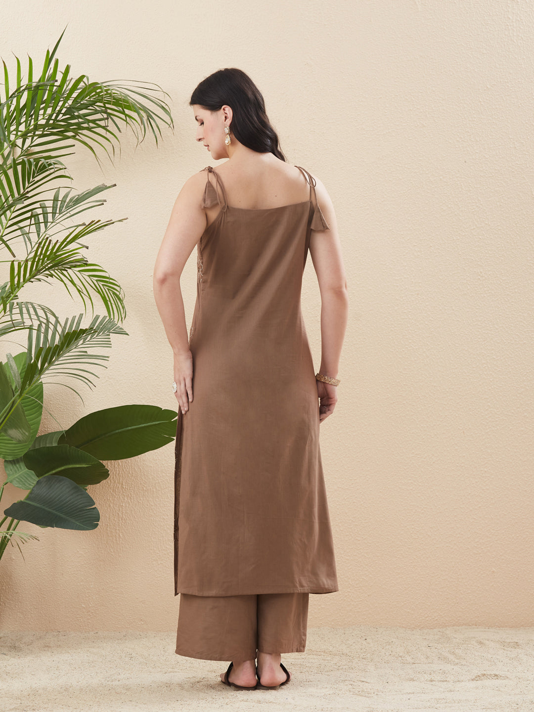 Beige Cotton Embroidered Kurta with Palazzo Set for Women