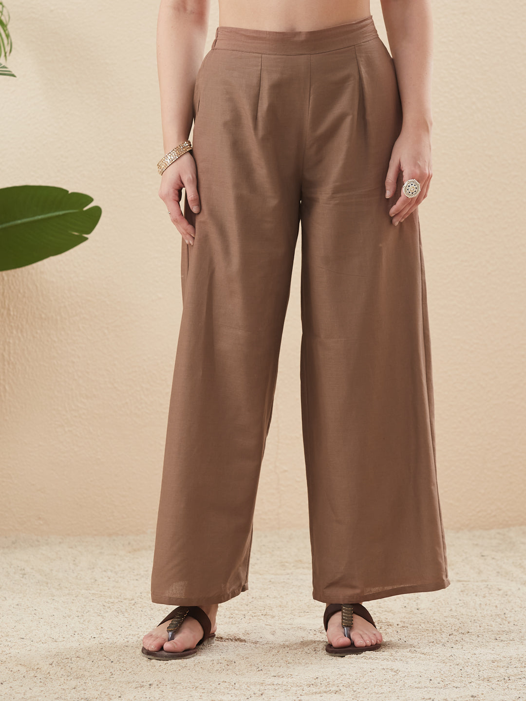 Beige Cotton Embroidered Kurta with Palazzo Set for Women