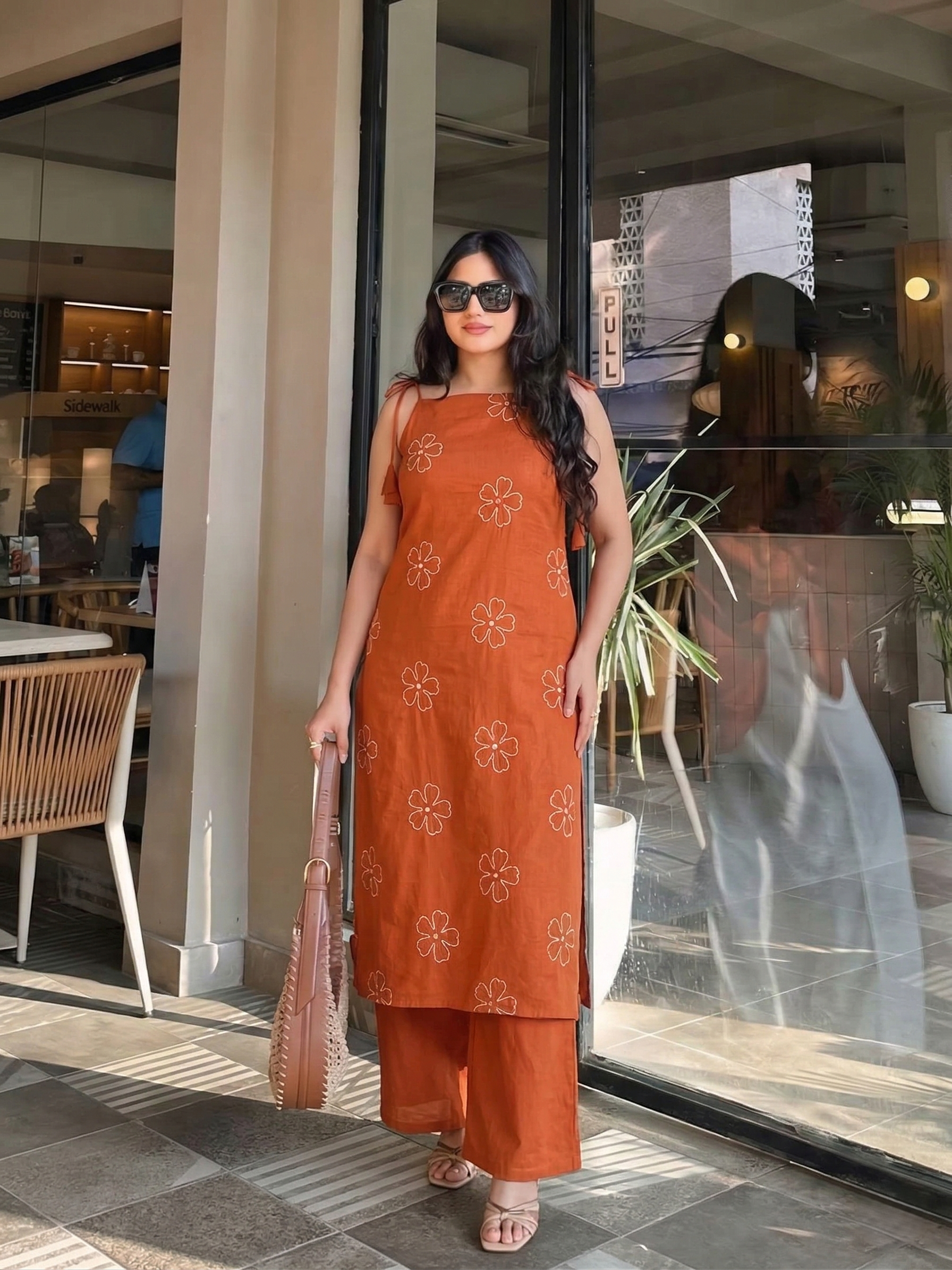 Orange Cotton Embroidered Kurta with Palazzo Set for Women