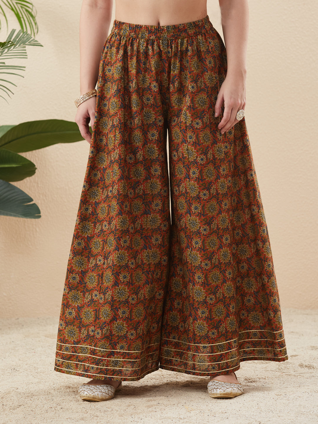 Rust Cotton Embroidered Anarkali Kurta Set with Dupatta for Women