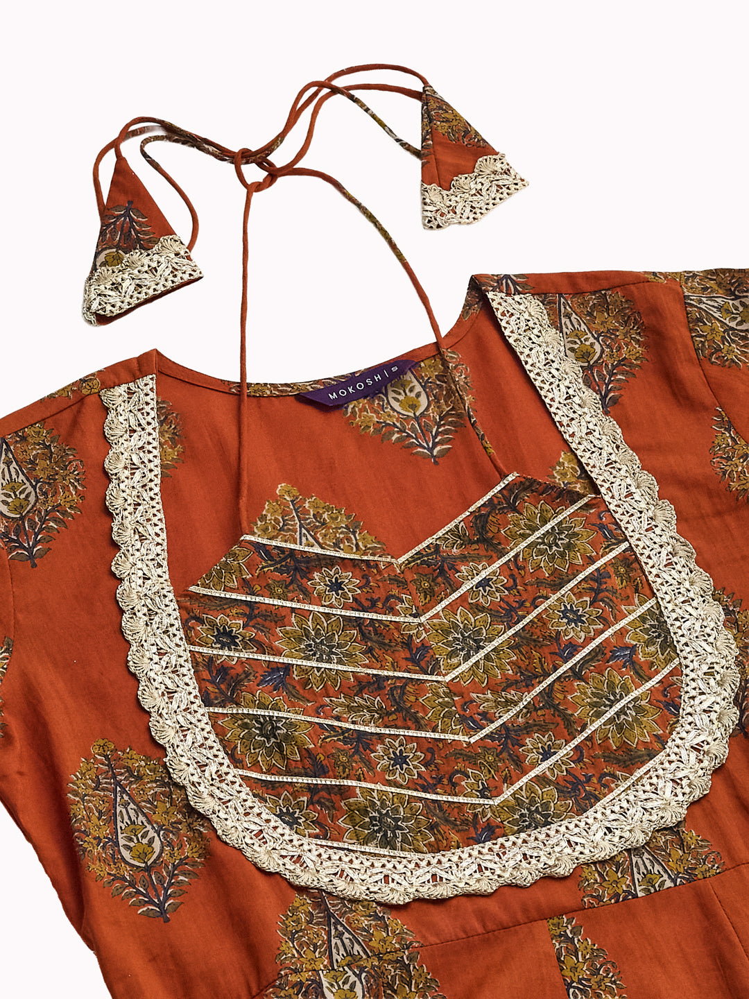 Rust Cotton Embroidered Anarkali Kurta Set with Dupatta for Women