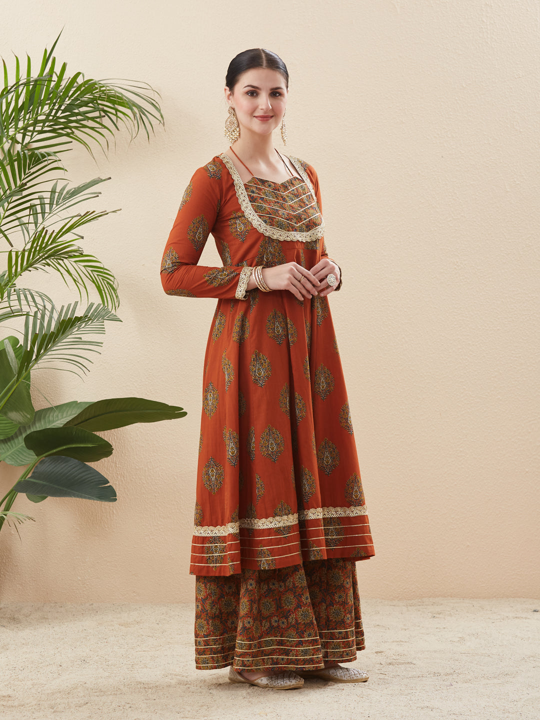 Rust Cotton Embroidered Anarkali Kurta Set with Dupatta for Women