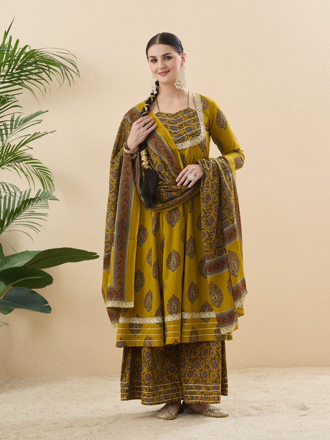Mustard Cotton Embroidered Anarkali Kurta Set with Dupatta for Women