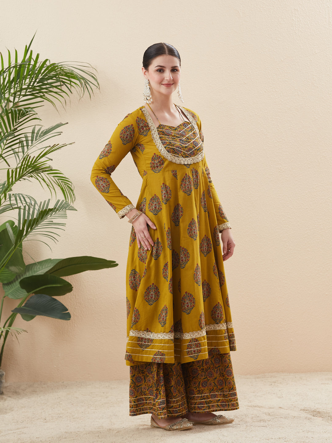 Mustard Cotton Embroidered Anarkali Kurta Set with Dupatta for Women