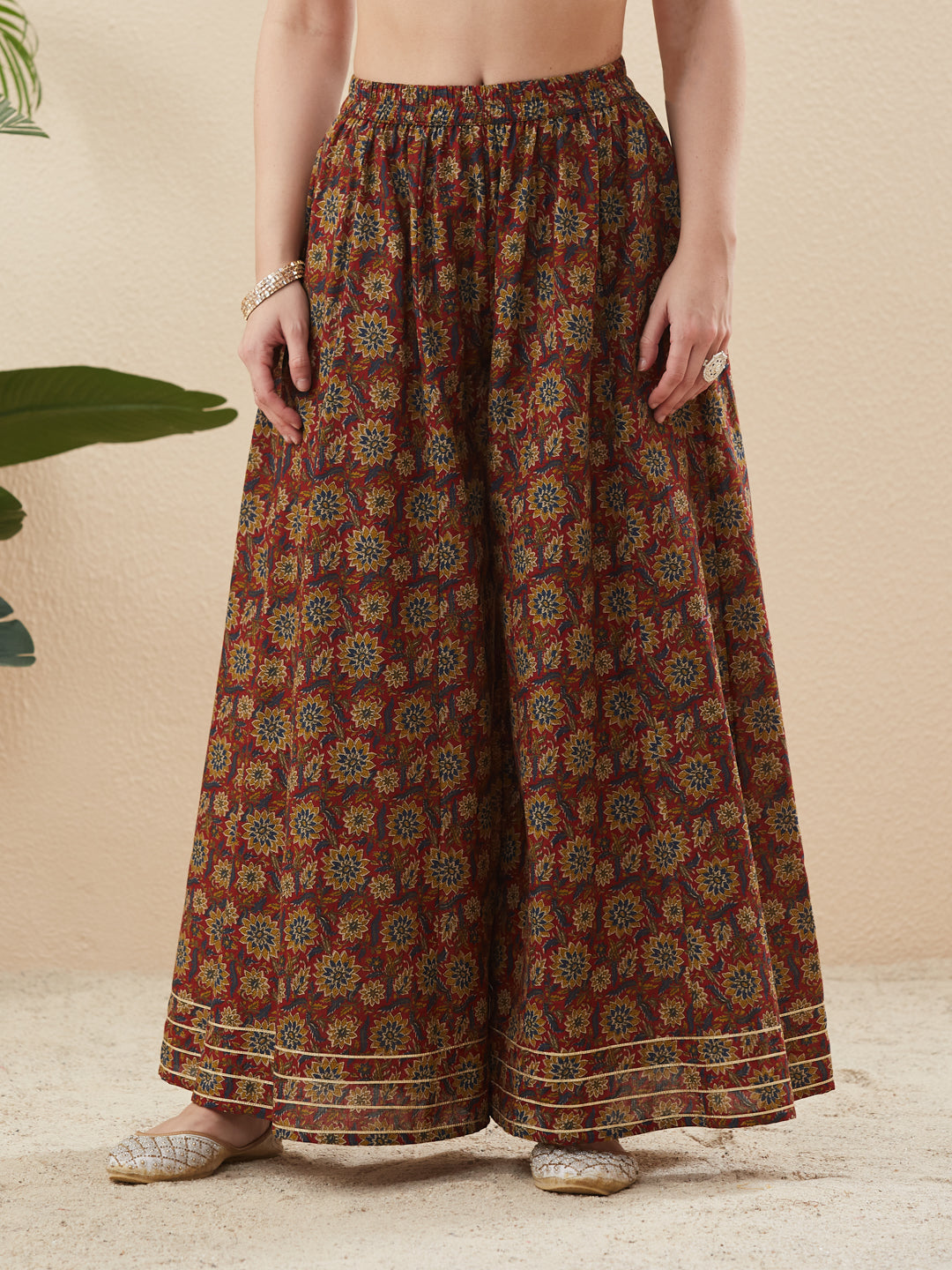 Maroon Cotton Embroidered Anarkali Kurta Set with Dupatta for Women