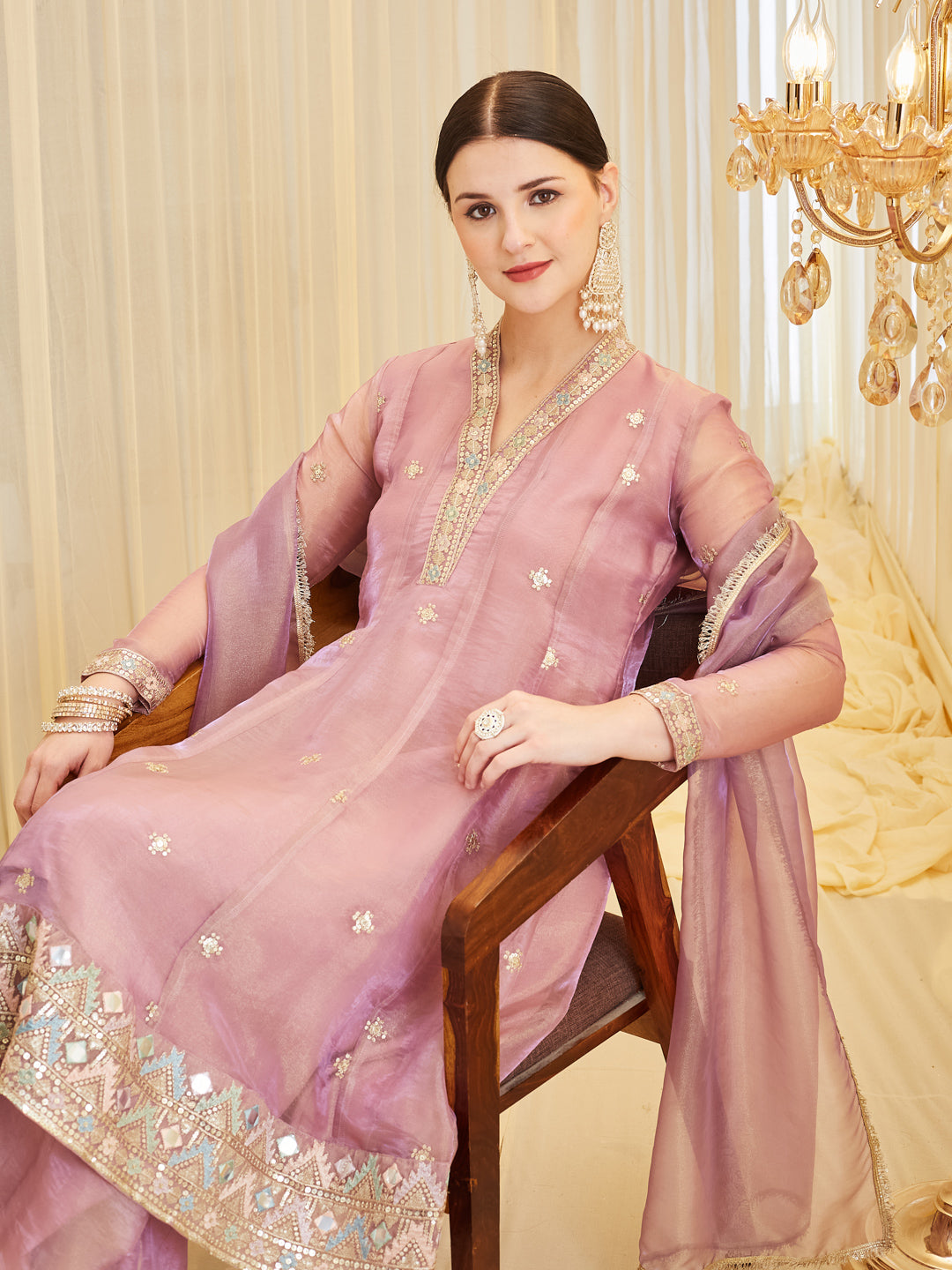 Lavender Silk Embroidered Anarkali Kurta With Dupatta Set for Women