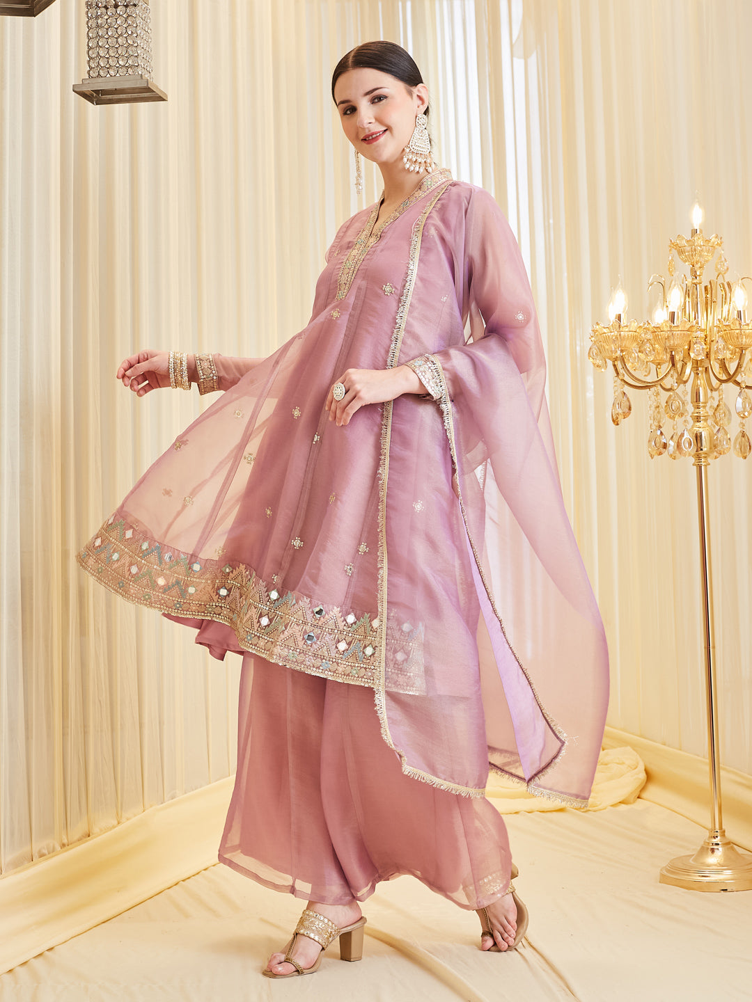 Lavender Silk Embroidered Anarkali Kurta With Dupatta Set for Women
