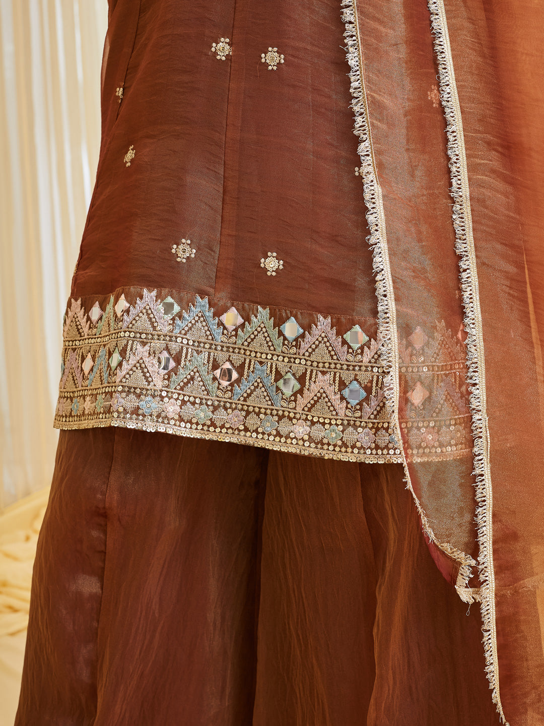 Coffee Silk Embroidered Anarkali Kurta With Dupatta Set for Women