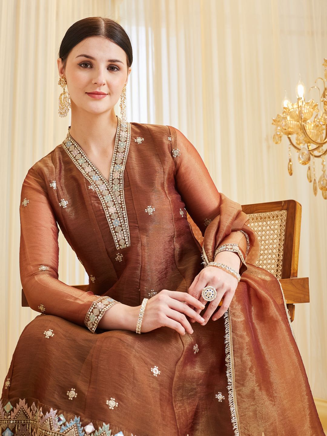 Coffee Silk Embroidered Anarkali Kurta With Dupatta Set for Women