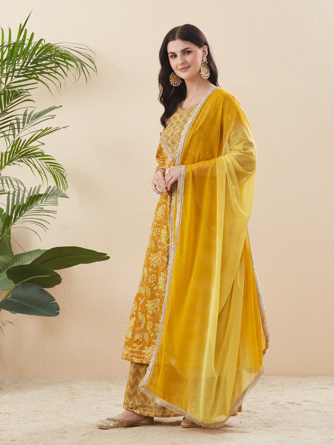 Women’s Yellow Cotton Printed Anarkali Kurta Palazzo Set with Dupatta
