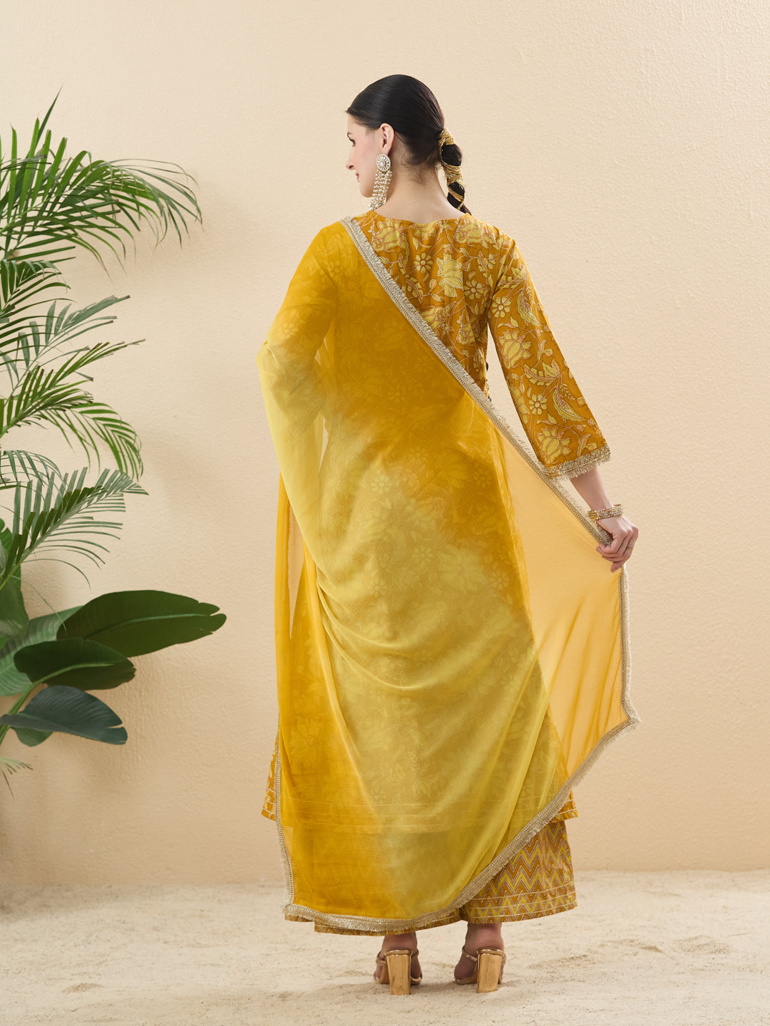 Women’s Yellow Cotton Printed Anarkali Kurta Palazzo Set with Dupatta