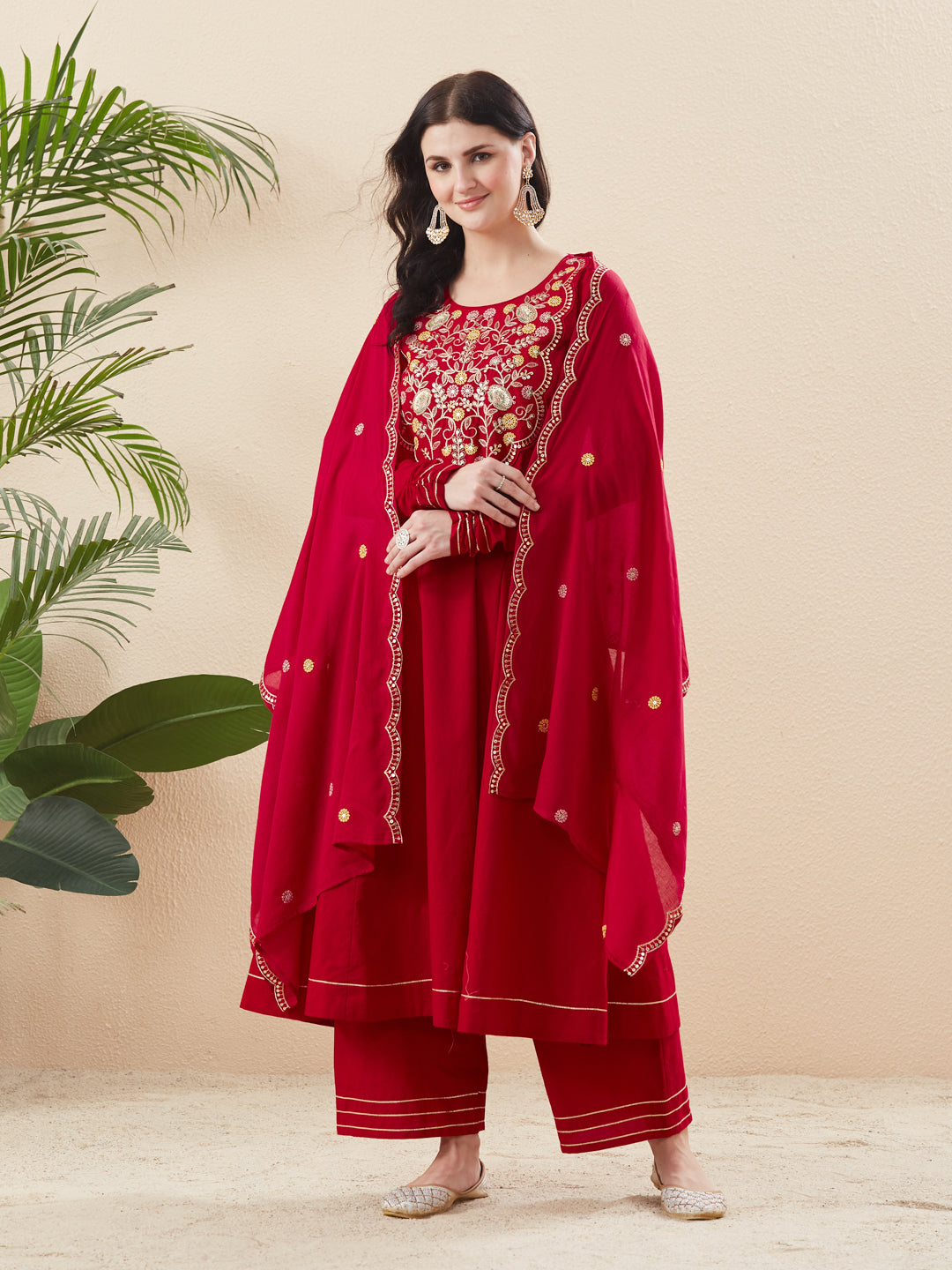 Red Cotton Embroidered Anarkali Suit Set with Dupatta for Women