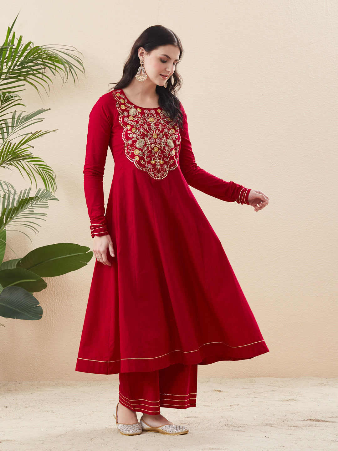 Red Cotton Embroidered Anarkali Suit Set with Dupatta for Women