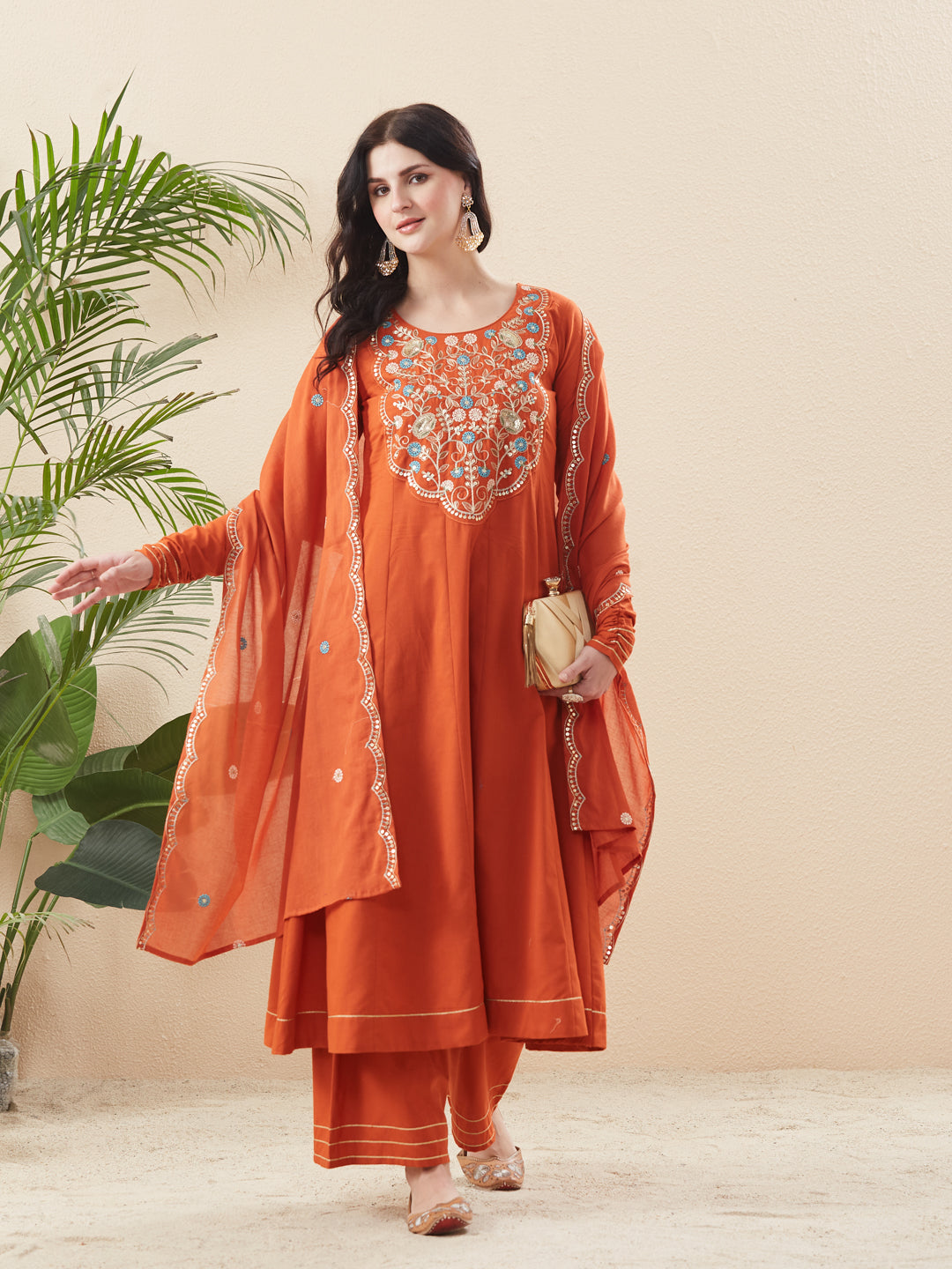 Orange Cotton Embroidered Anarkali Suit Set with Dupatta for Women