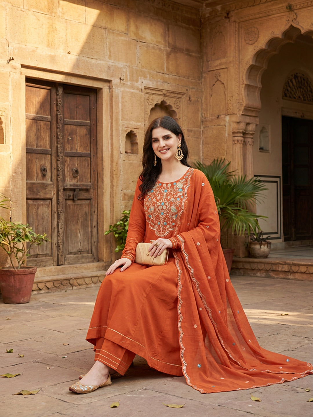 Orange Cotton Embroidered Anarkali Suit Set with Dupatta for Women