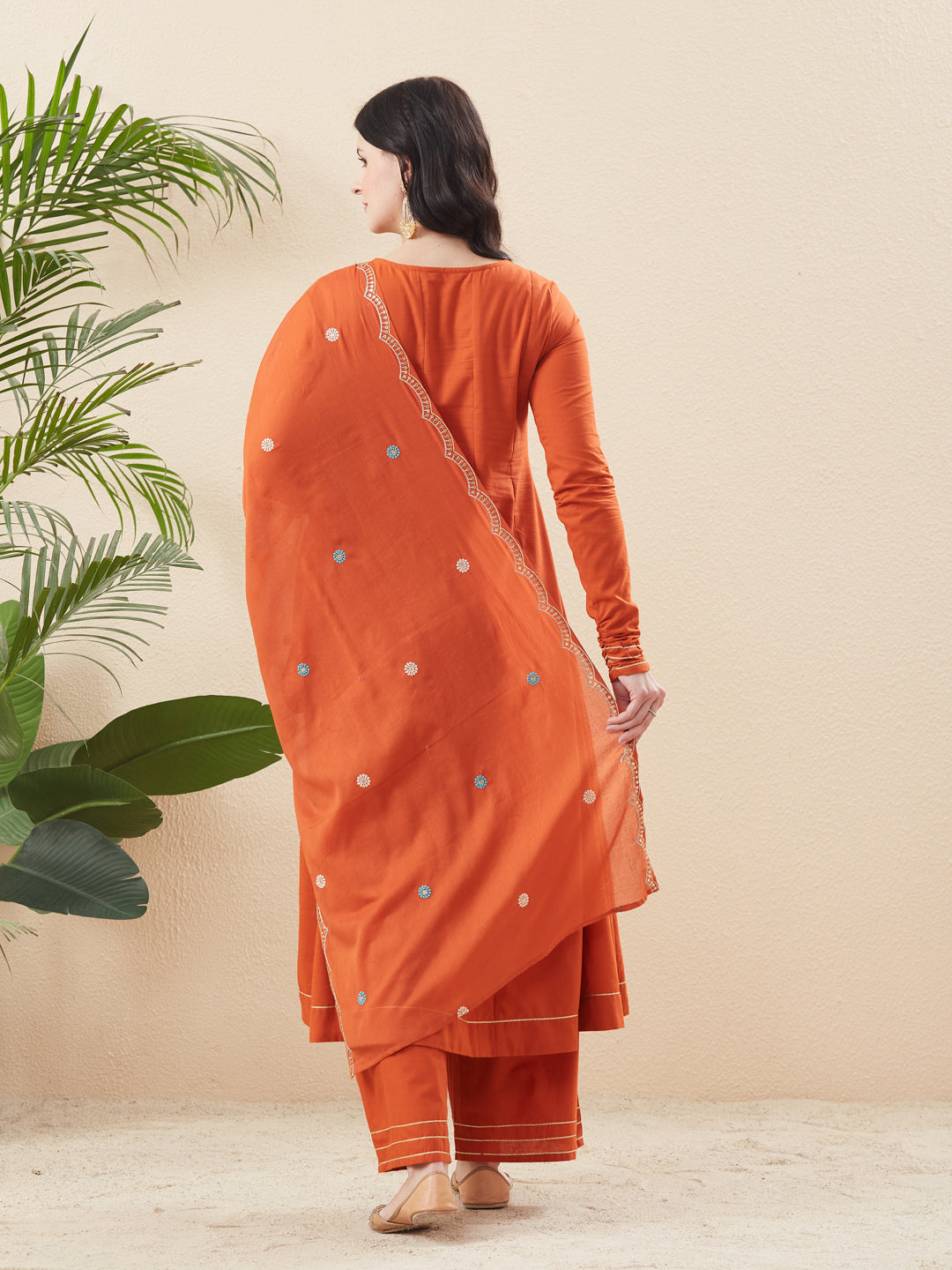Orange Cotton Embroidered Anarkali Suit Set with Dupatta for Women