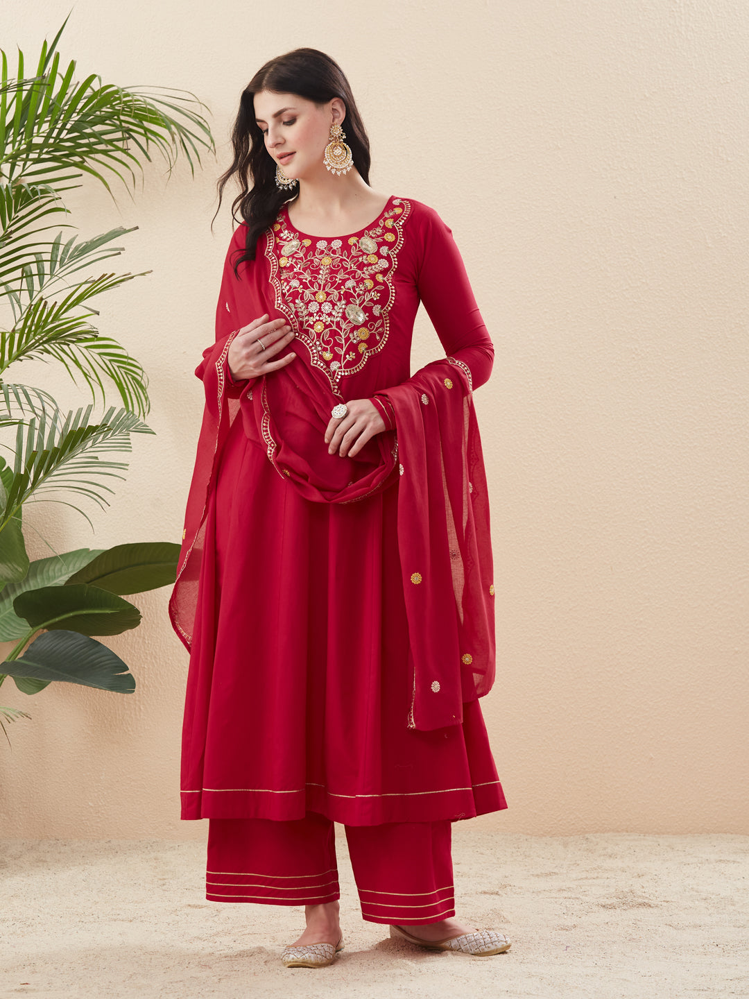 Rani Cotton Embroidered Anarkali Suit Set with Dupatta for Women