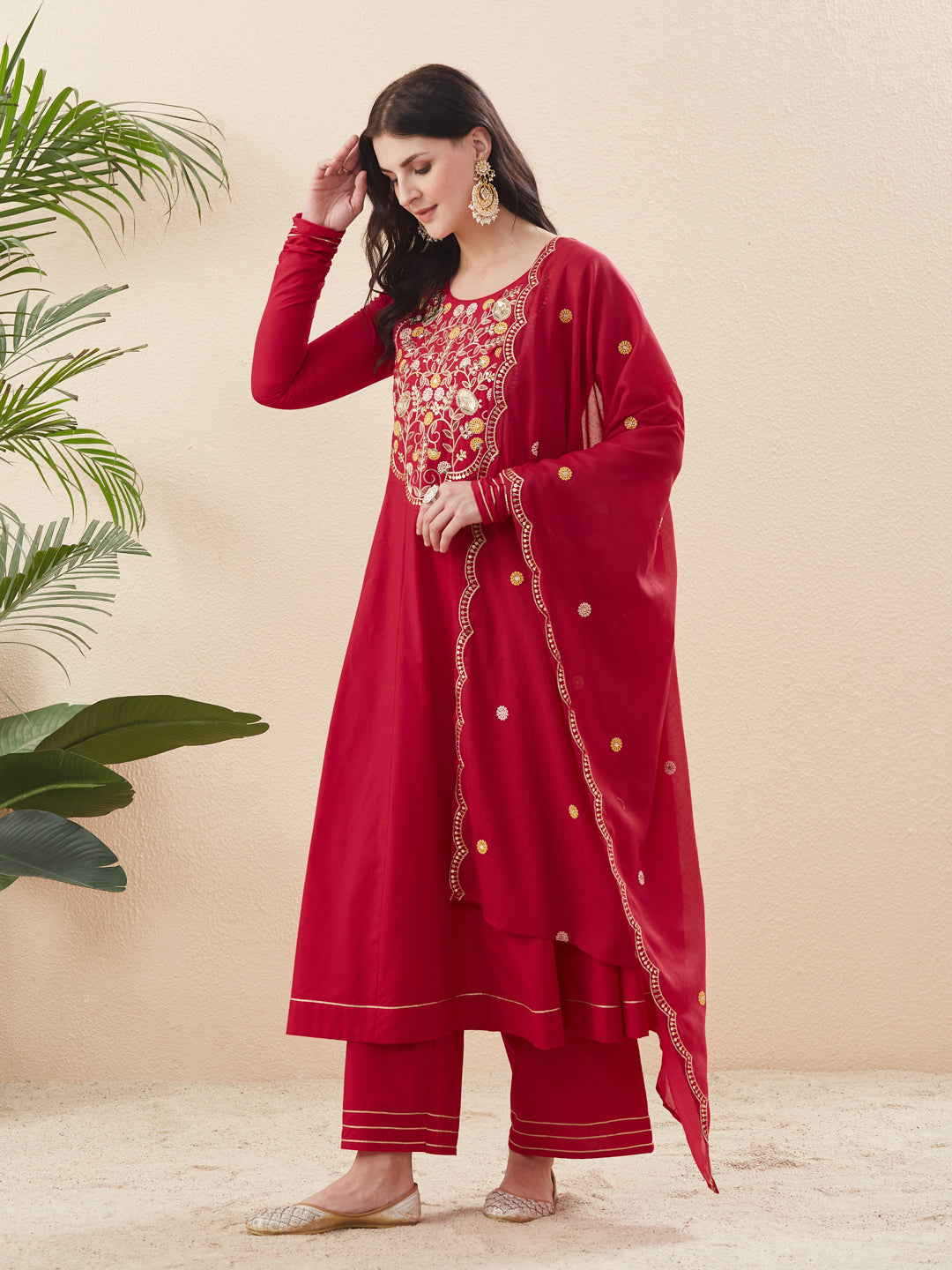 Rani Cotton Embroidered Anarkali Suit Set with Dupatta for Women