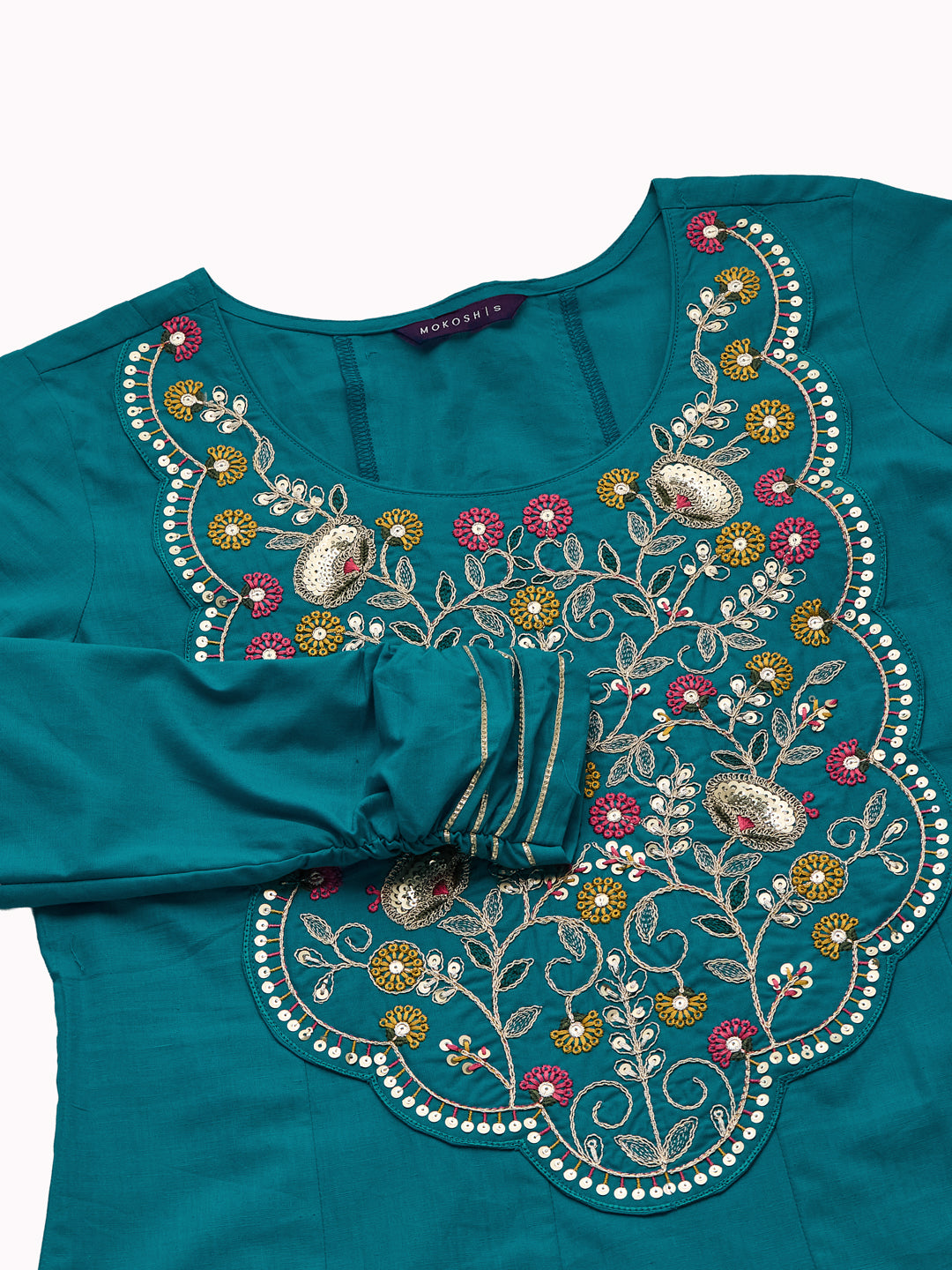 Rama Cotton Embroidered Anarkali Suit Set with Dupatta for Women