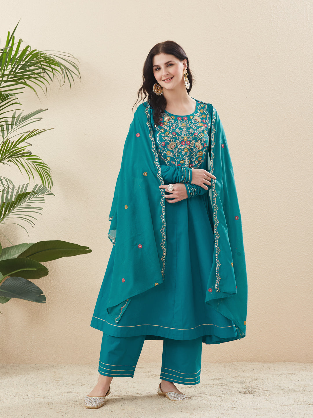 Rama Cotton Embroidered Anarkali Suit Set with Dupatta for Women