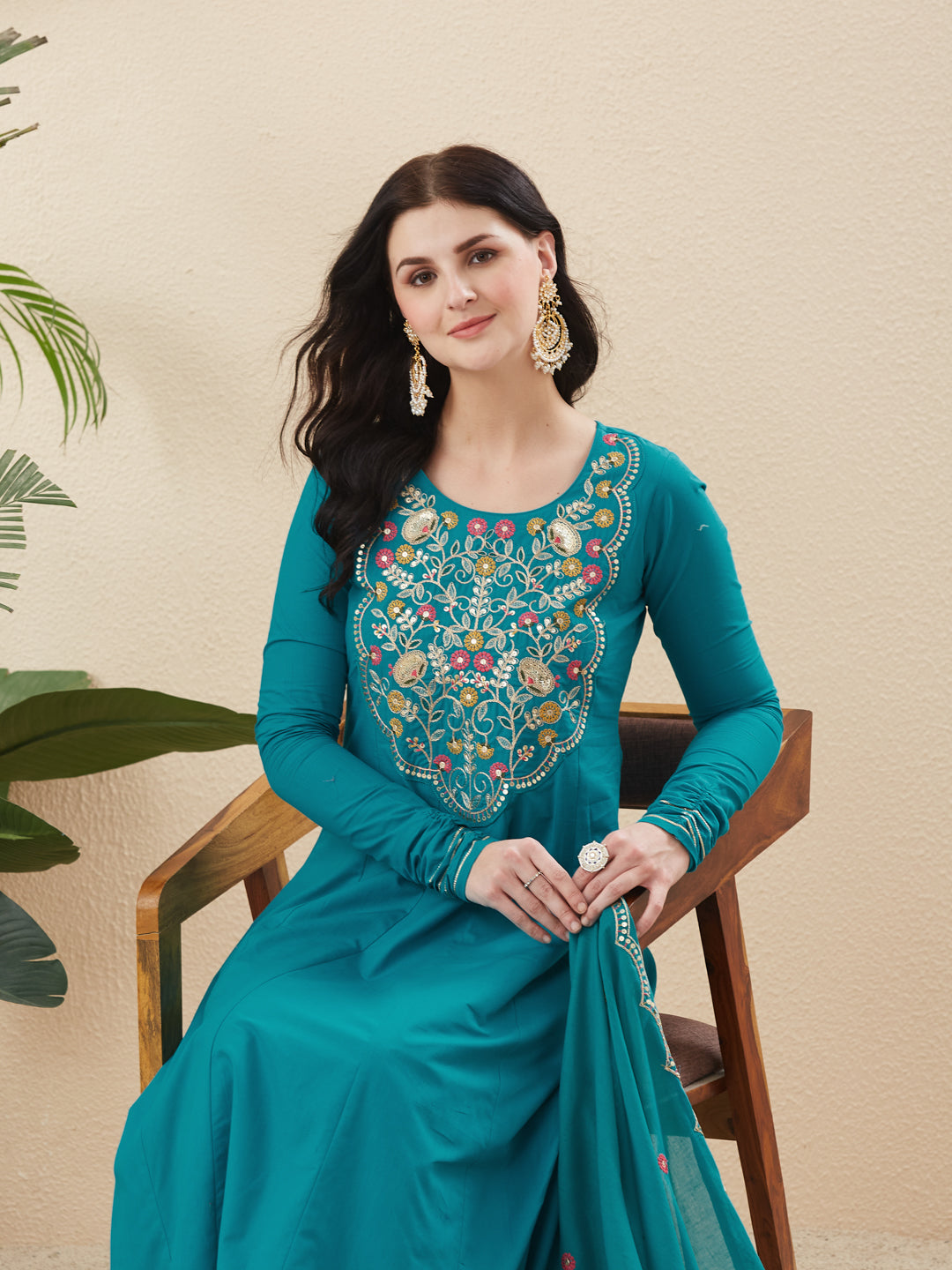 Rama Cotton Embroidered Anarkali Suit Set with Dupatta for Women